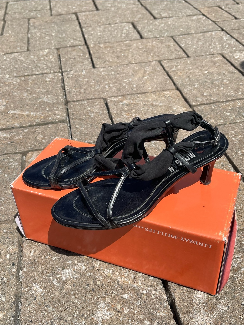 Vintage lindsay phillips Black Strappy Mid-Heel Sandals with Fabric Wrap